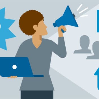 A woman, skilled in PPC Management Certification, is showcasing her expertise by confidently holding a megaphone and a laptop. She is well-versed in SEO best practices and proficient in Facebook advertising