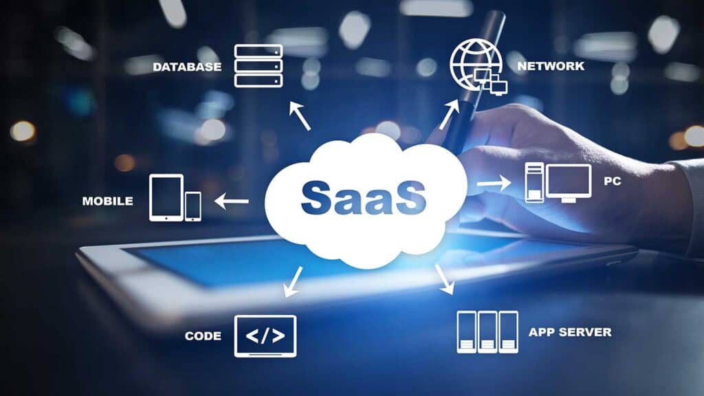 The word saas is shown on a tablet computer while implementing seo best practices.
