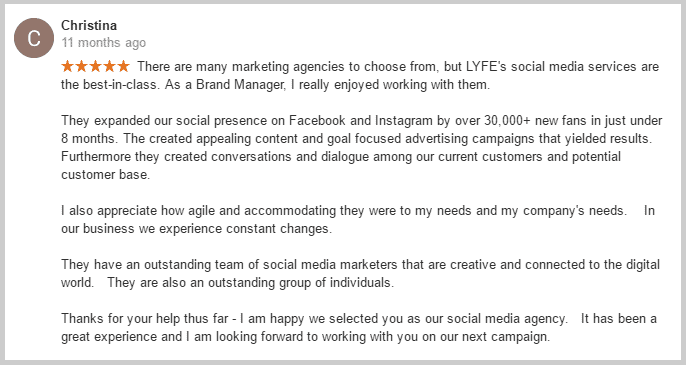 A review of a social media manager who specializes in Facebook advertising management.