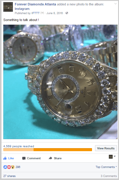 A picture of a diamond watch on a Facebook page with Facebook advertising management.
